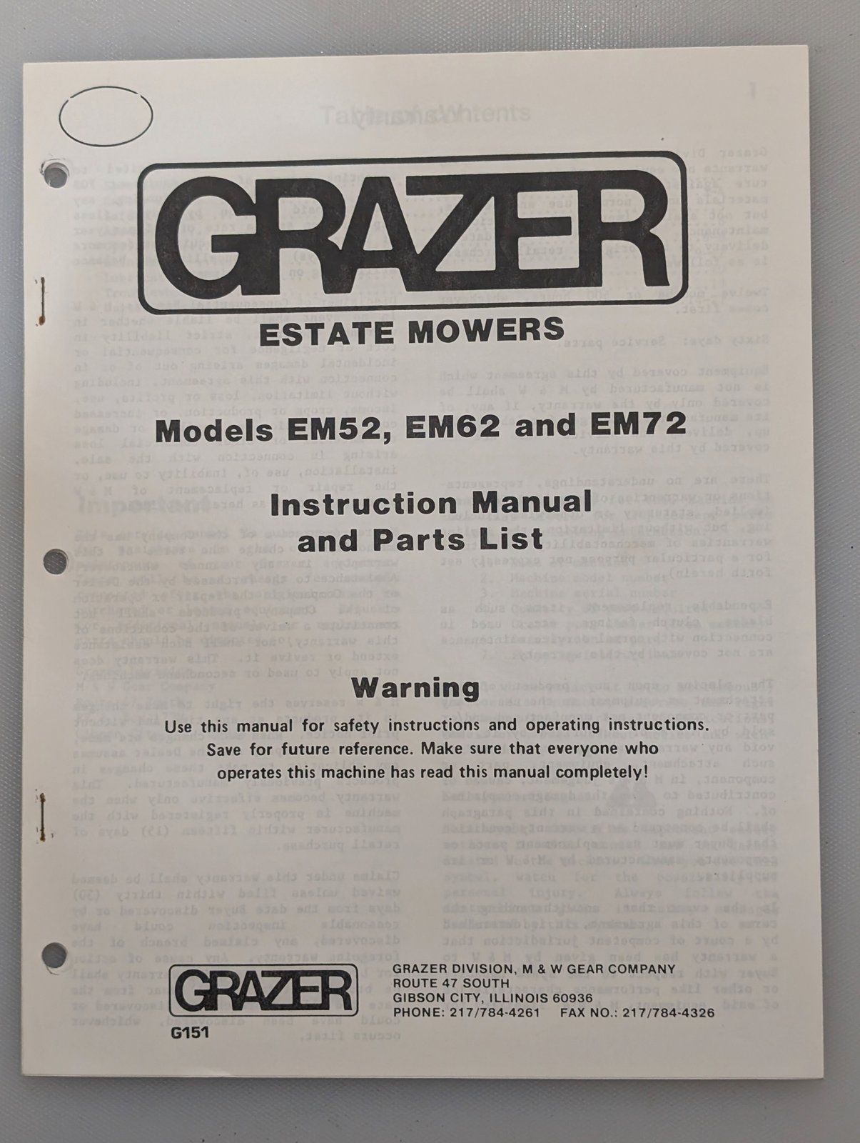 G151 GRAZER OM & PC EM52 EM62 EM72 ESTATE MOWERS - Ingersoll/Case Tractor Part