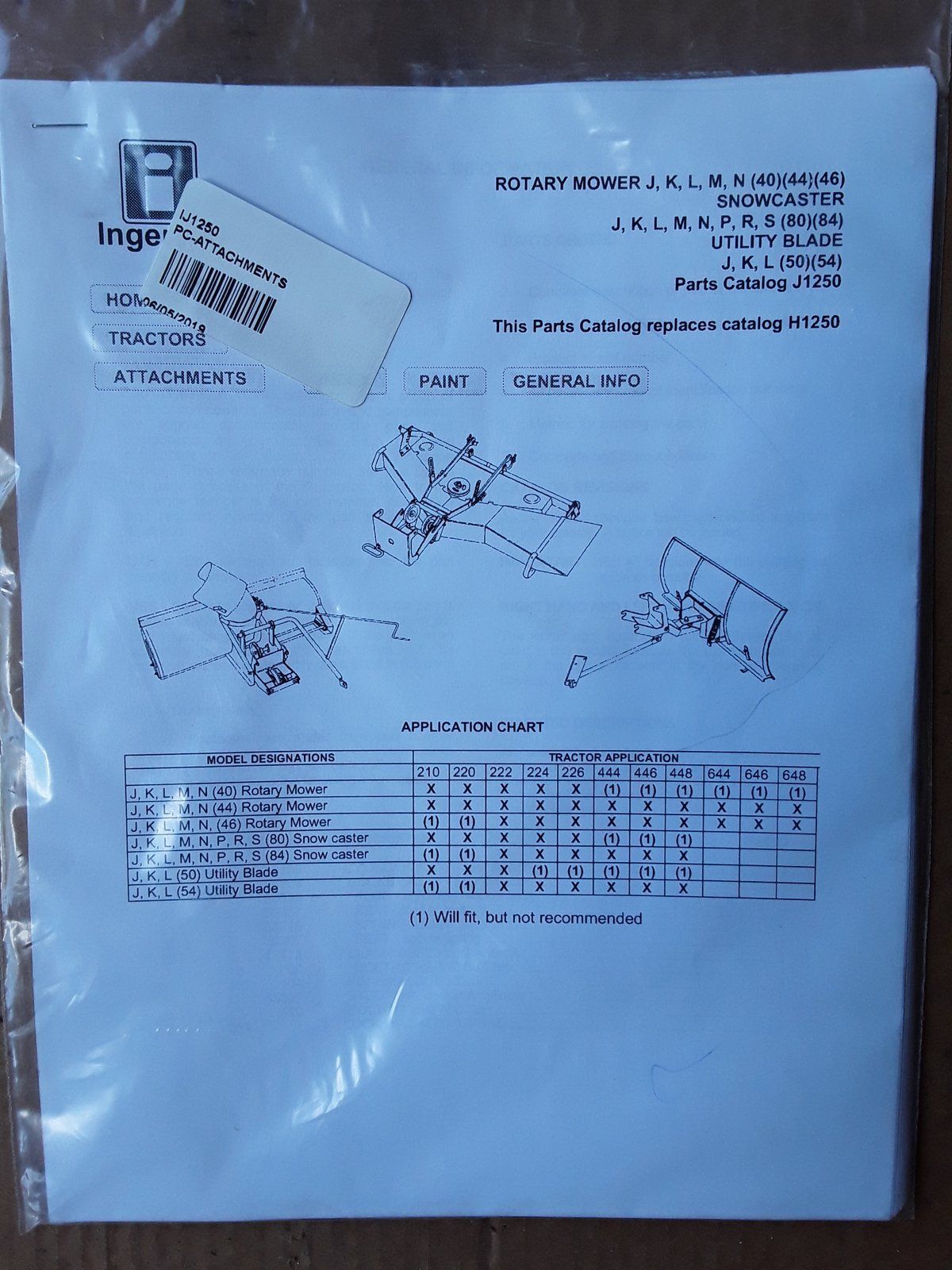J1250 ( replaces G1250 ) - PC JKLMN (40 -44 -46) DECK MANUAL - Ingersoll/Case Tractor Part