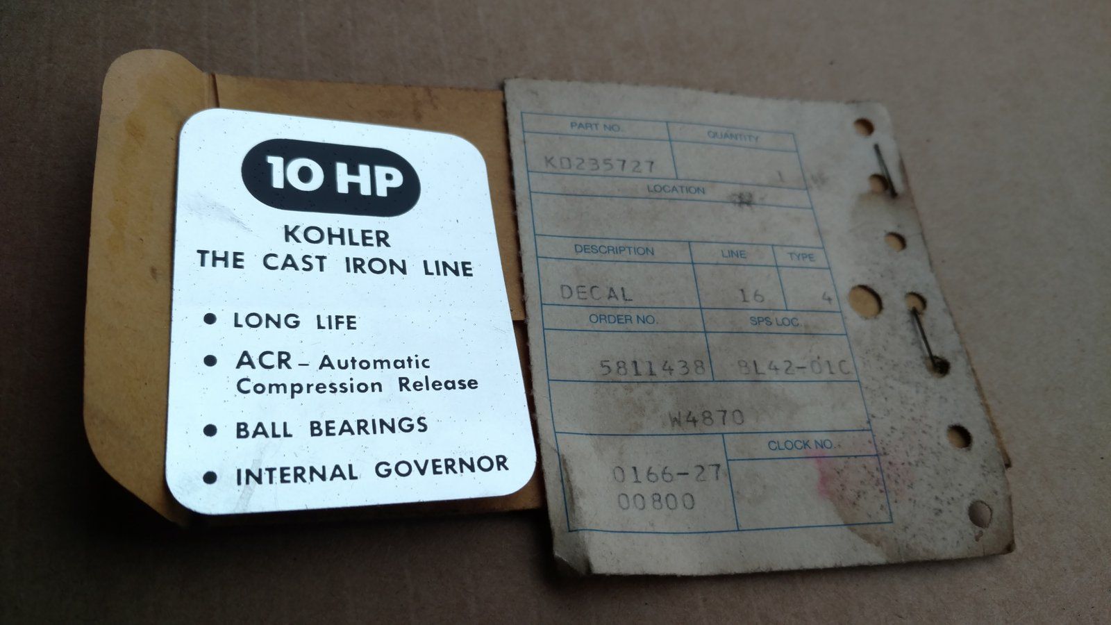 KO235727 KOHLER 10HP ENGINE DECAL - Ingersoll/Case Tractor Part