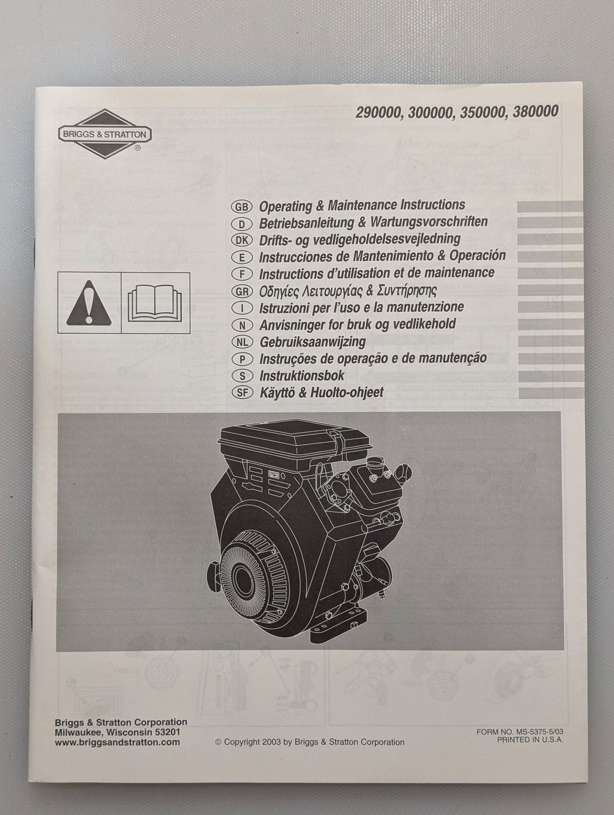 MS-5375 5/03 BRIGGS OPERATING MAINTENANCE INSTRUCTIONS 290000 300000 350000 380000 - Ingersoll/Case Tractor Part