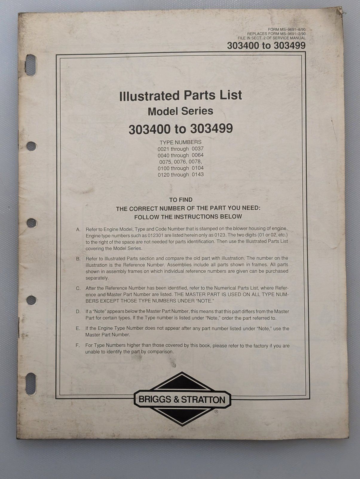 MS-9691 8/90 BRIGGS PARTS LIST 303400 TO 303499 - Ingersoll/Case Tractor Part