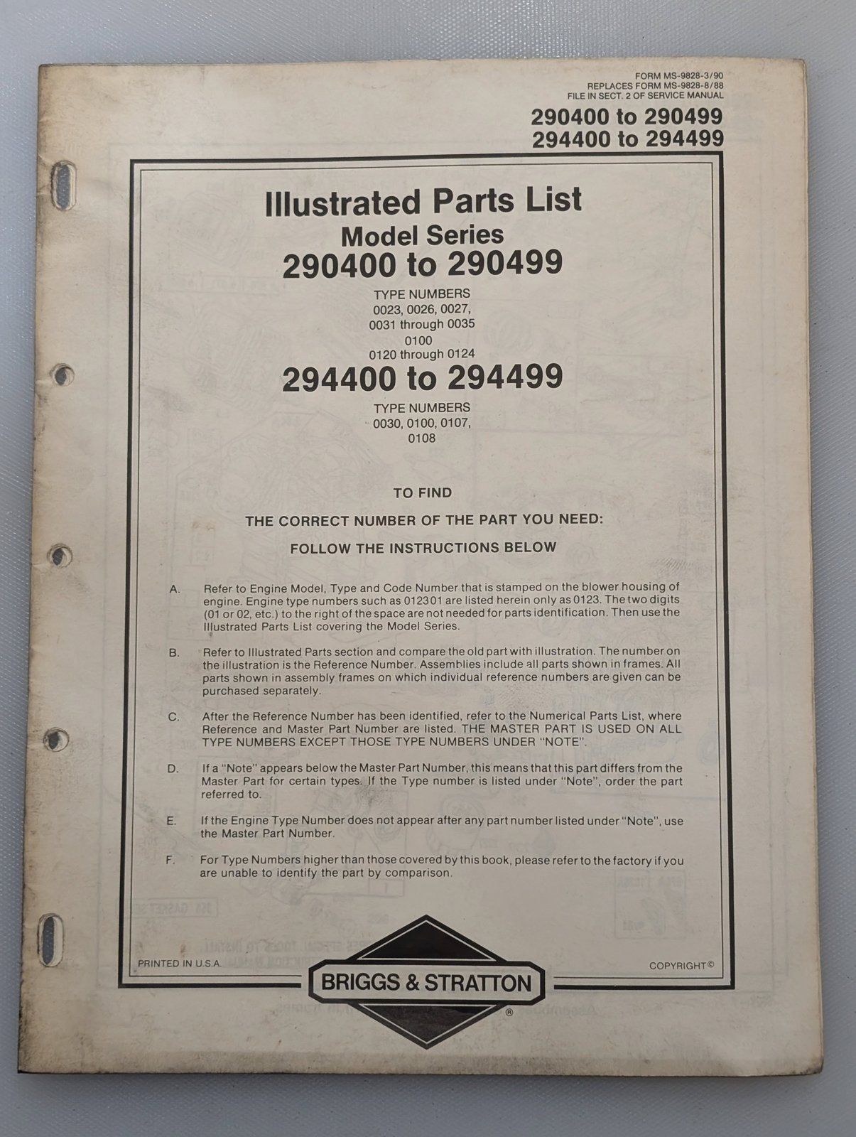 MS-9828 3/90 BRIGGS PARTS LIST 290400 TO 290499 294400 TO 494499 - Ingersoll/Case Tractor Part