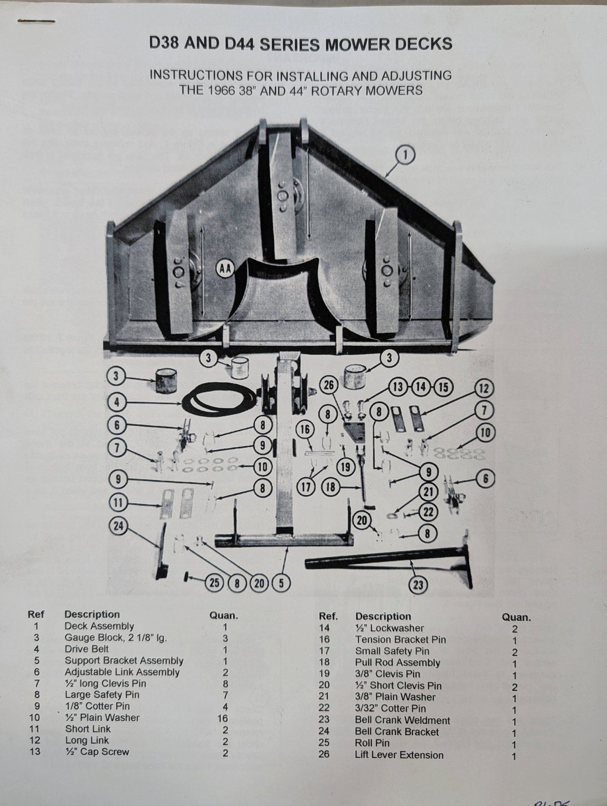 R6D5 INSTRUCTIONS FOR 1966 38" & 44" ROTARY MOWER DECKS - Ingersoll/Case Tractor Part