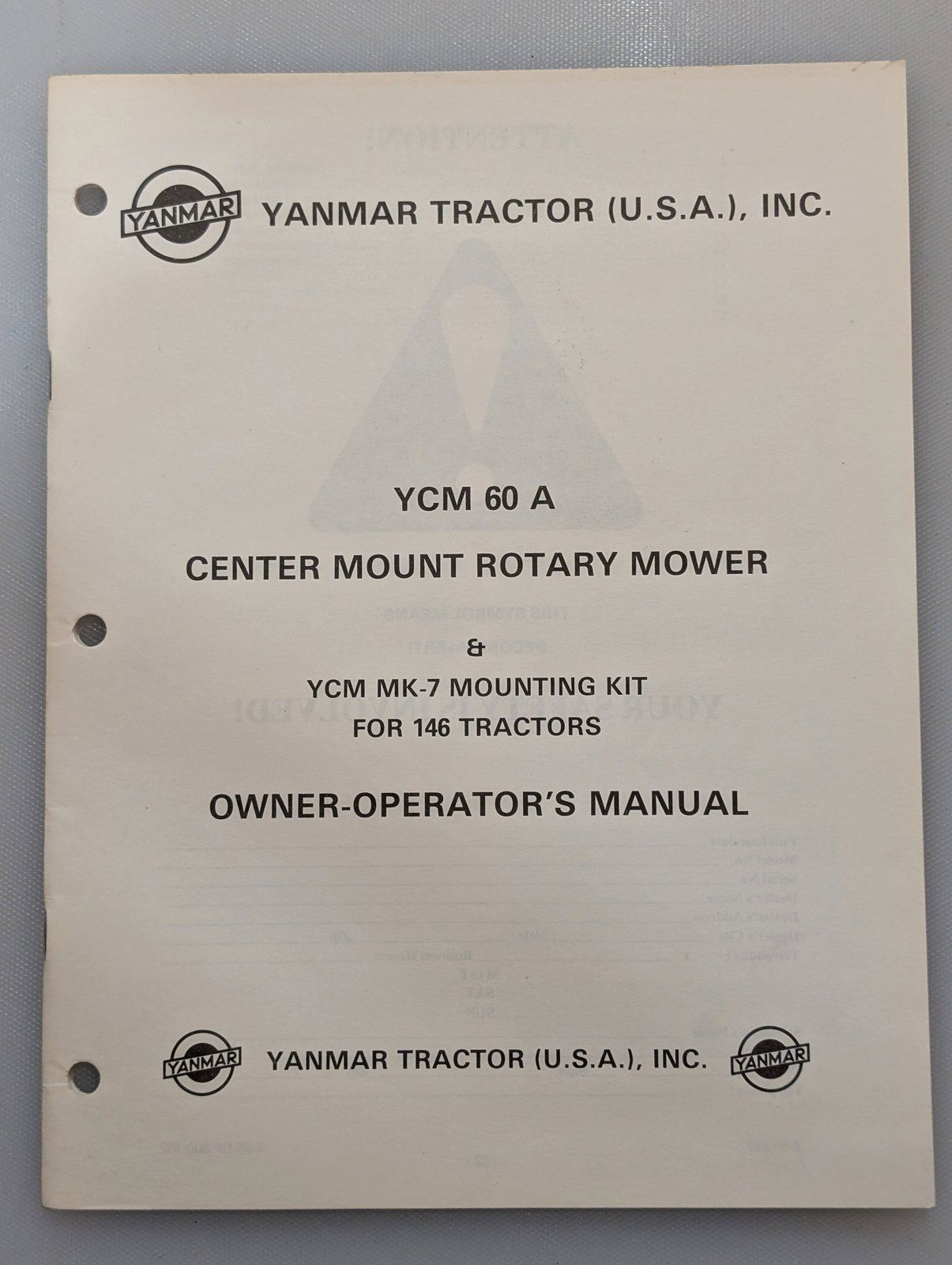 YCM MK-7 8-55290 OM YANMAR YCM60A CENTER MOUNT MOWER 146 TRACTOR - Ingersoll/Case Tractor Part