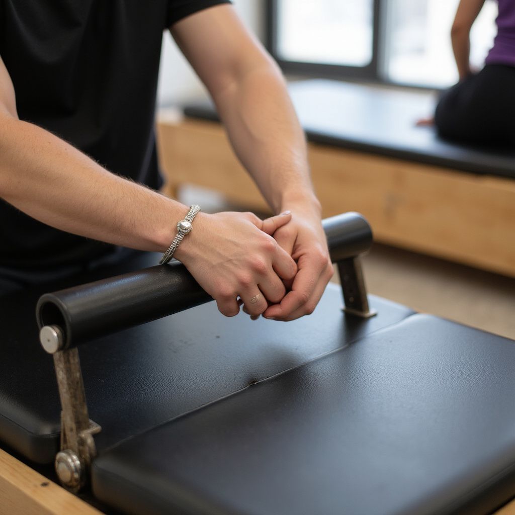 Person with hands clasped on a Pilates machine. Black machine, beige wood.