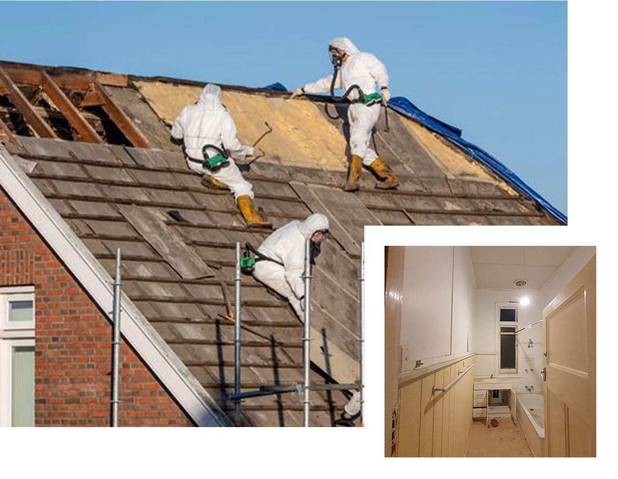 A group of people are working on the roof of a house.