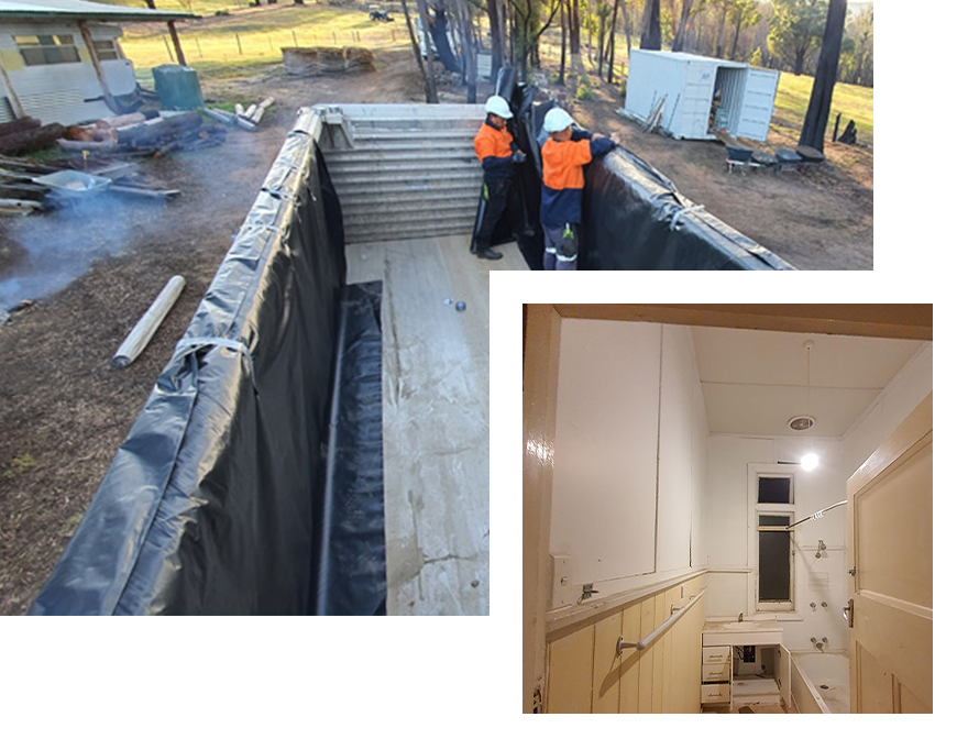 A collage of three pictures shows a construction site and a bathroom