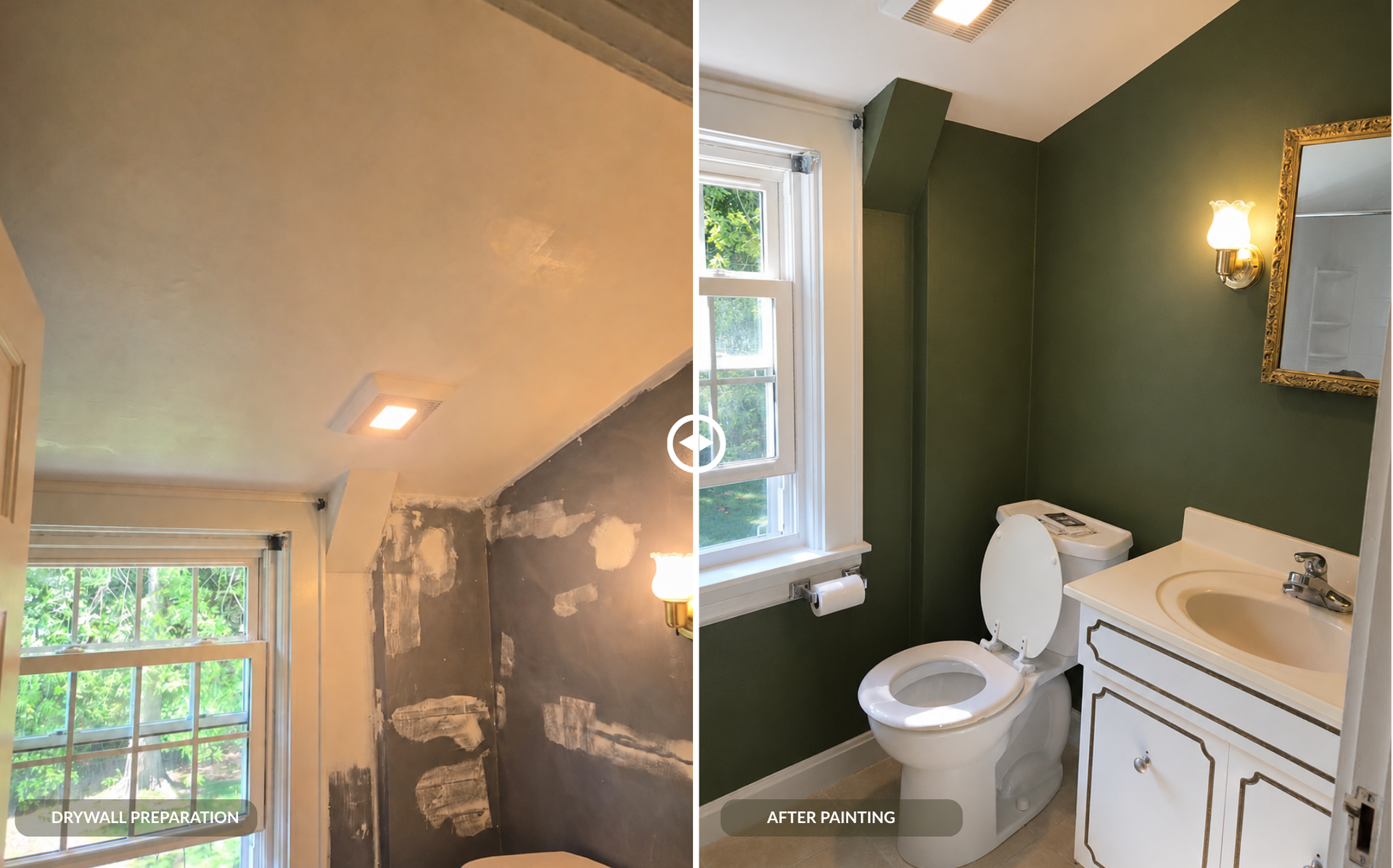 Drywall preparation and finished olive-green bathroom painting in Brockton, Massachusetts