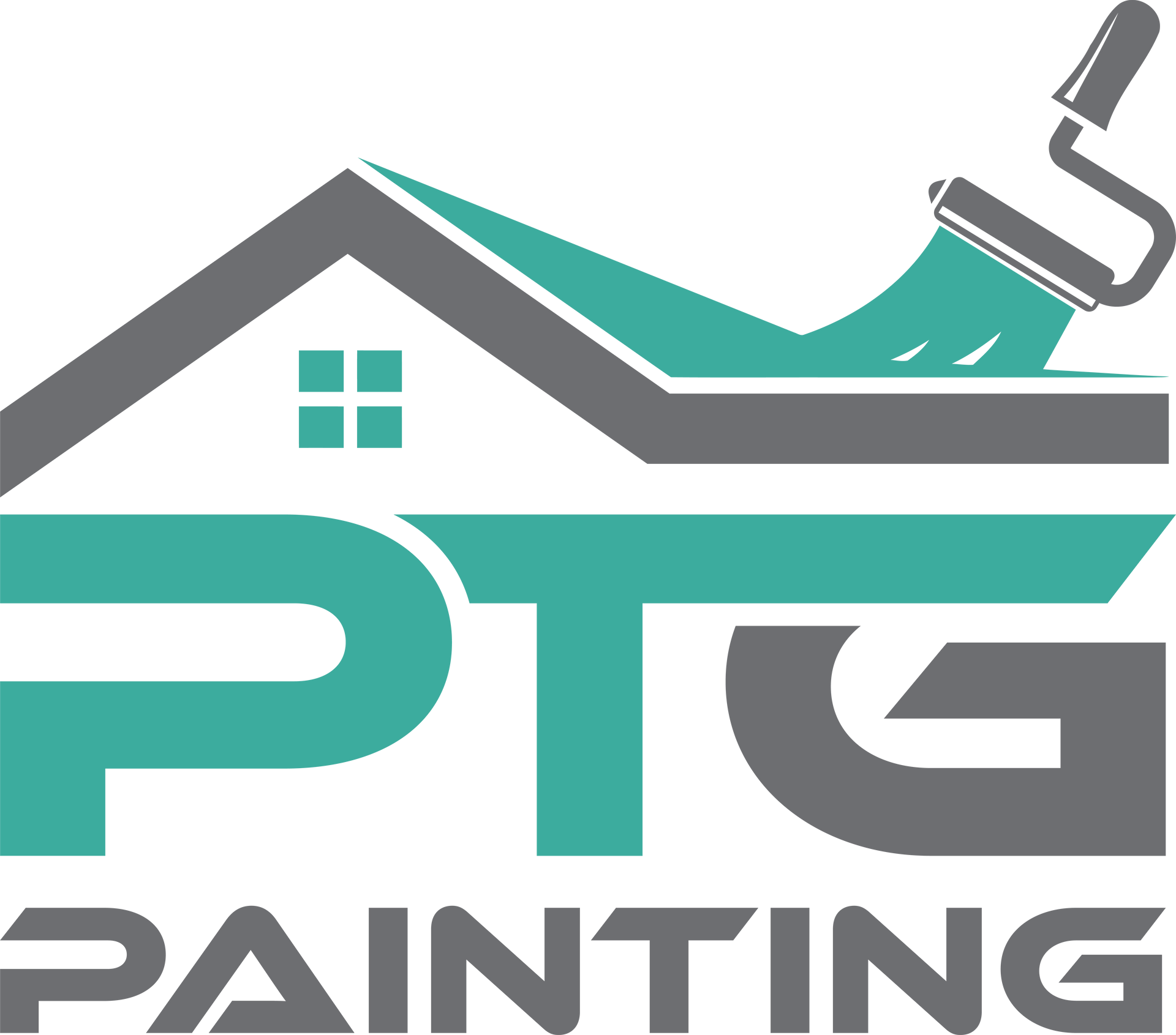 A logo for a painting company with a house and a brush.