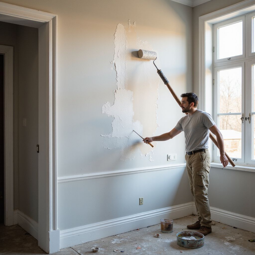 Person painting a light gray wall in a bright room with white trim and tall windows