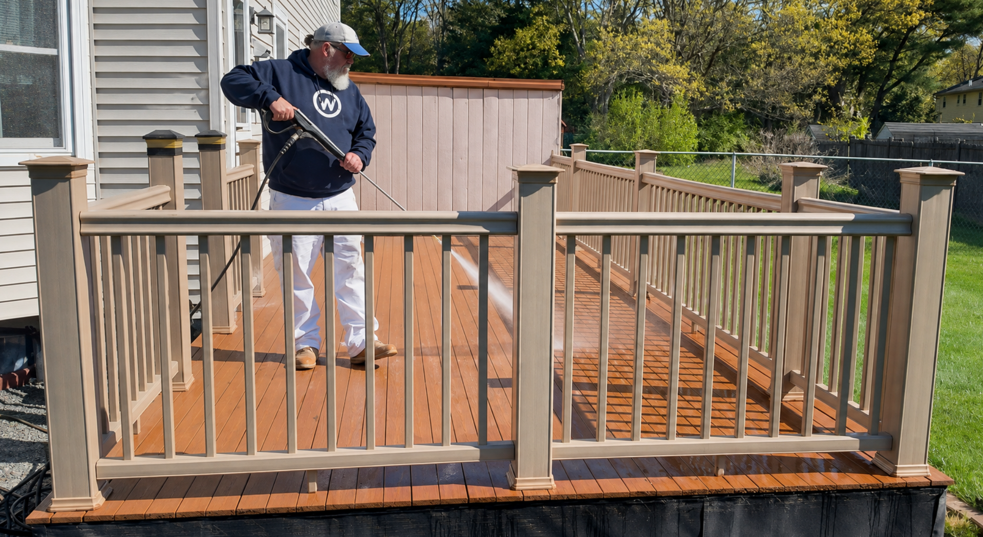 PTG Painting team pressure washing a residential deck before refinishing in South Shore, MA.