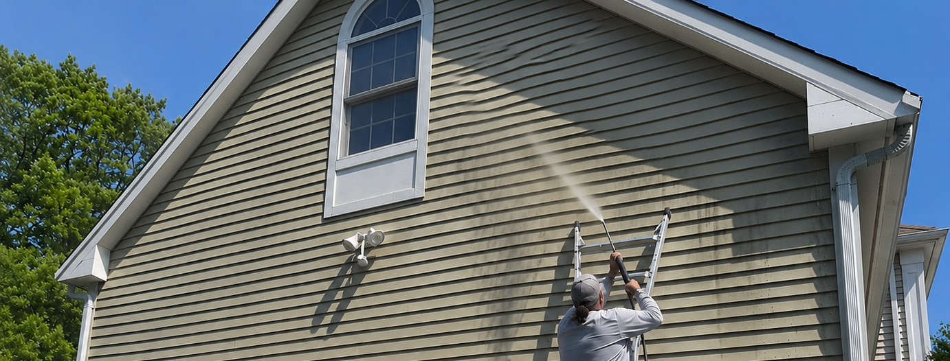 PTG Painting pressure washing a home's exterior before painting in South Shore Massachusetts