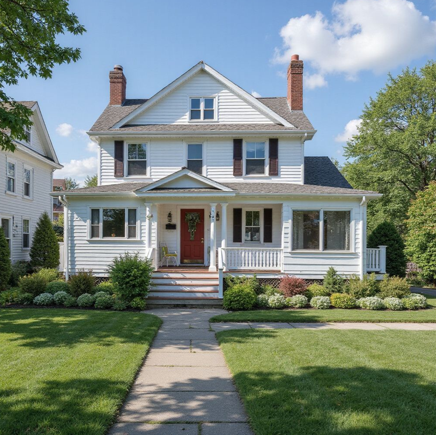 White two-story home with dark shutters, a front porch, green lawn, and clear blue sum