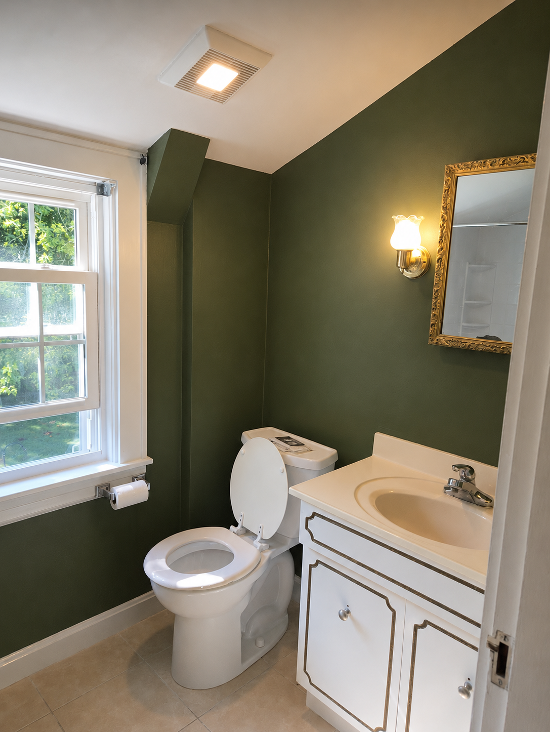 Olive green bathroom with smooth walls and clean white trim painted in Brockton, Massachusetts