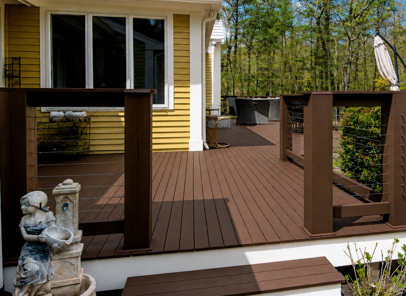 Freshly stained brown deck with cable railings by PTG Painting on the South Shore