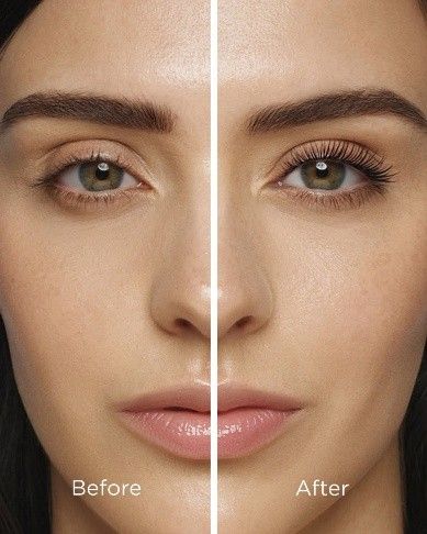 Side-by-side before-and-after view of lashes with Crunchi Shattered Peptide Mascara