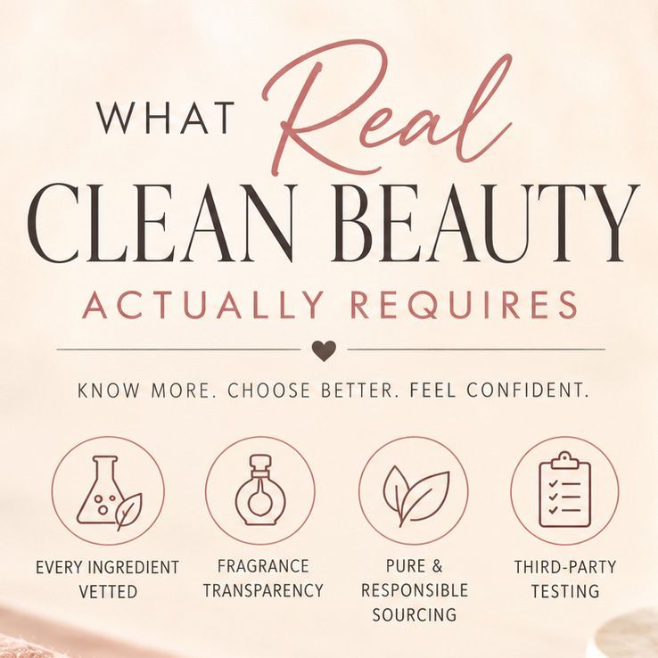 Clean beauty skincare flat lay in beige tones with bottles, jars, brush, and product labels.