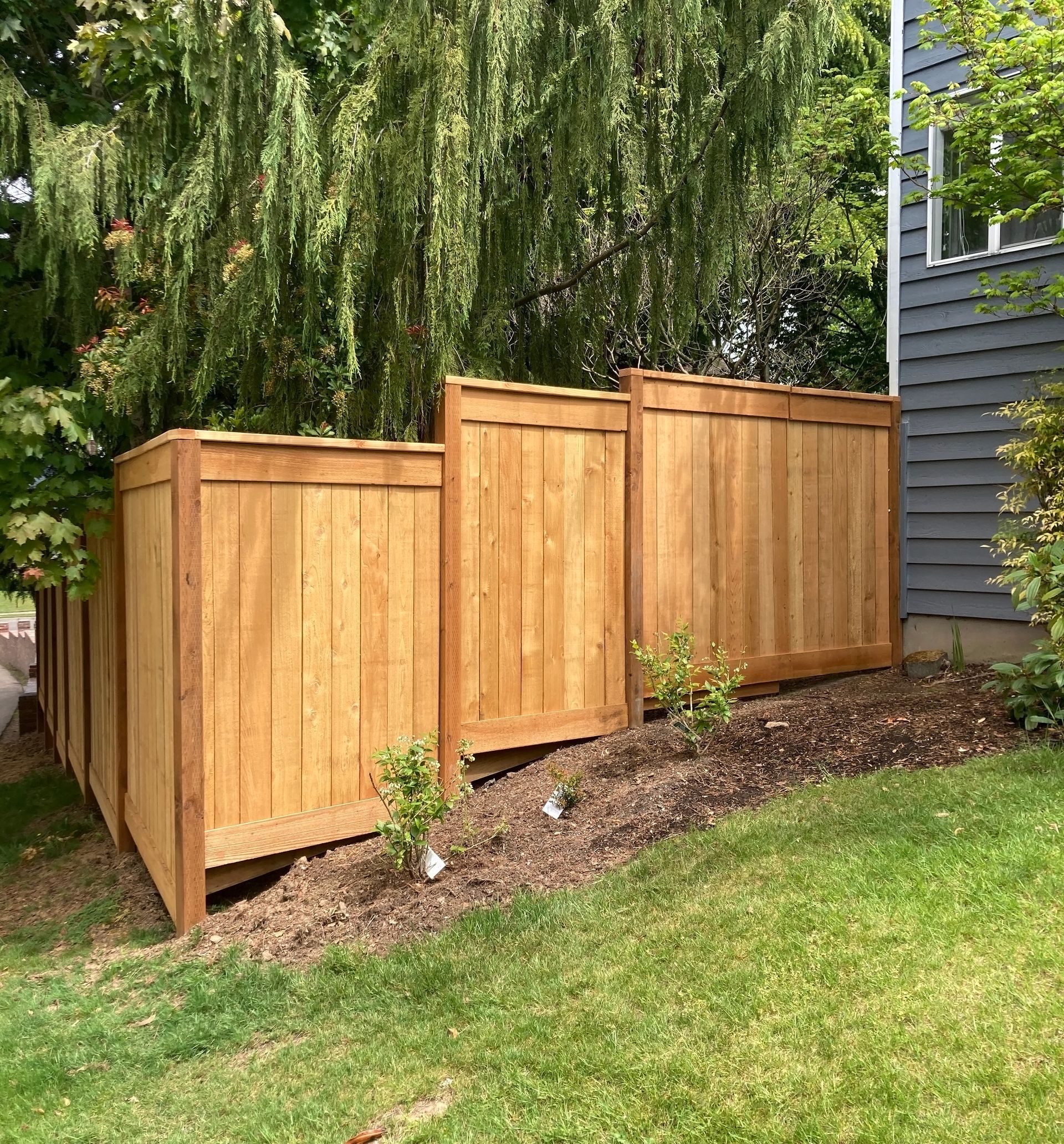 Newly installed wooden privacy fence along a landscaped yard.