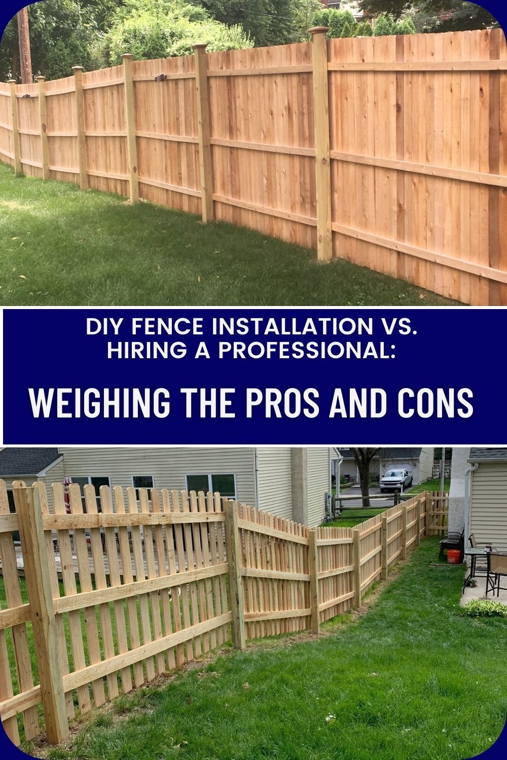 A picture of a wooden fence with the words diy fence installation vs. hiring a professional weighing the pros and cons