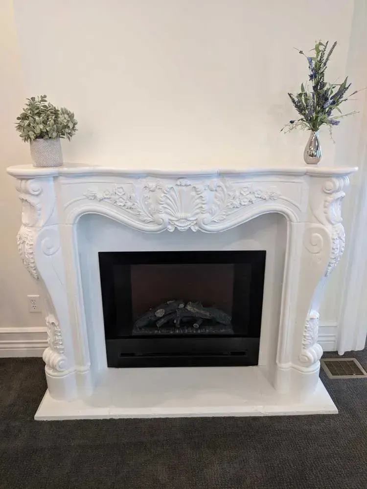 White ornate fireplace with two small potted plants on top in a minimalist room