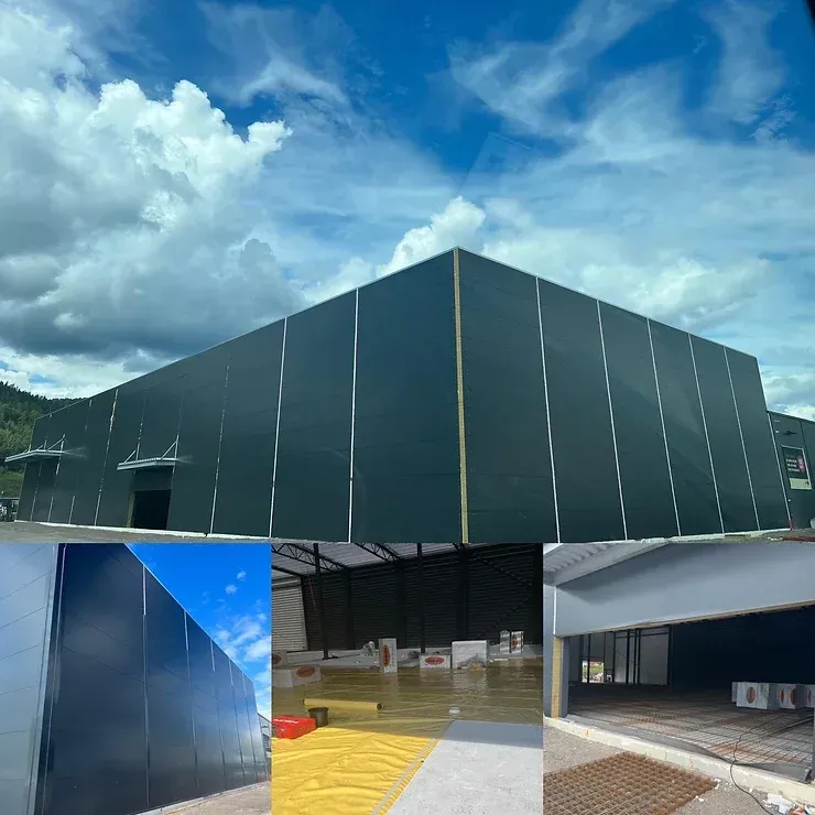 En collage av bilder av en bygning med en blå himmel i bakgrunnen