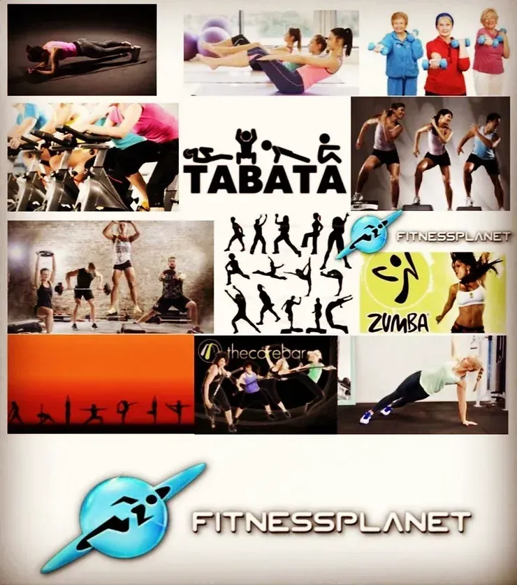 En collage av bilder med tabata zumba og fitnessplanet skrevet på bunnen