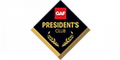 Black diamond Golf Presidents Club logo with gold text and laurel wreaths