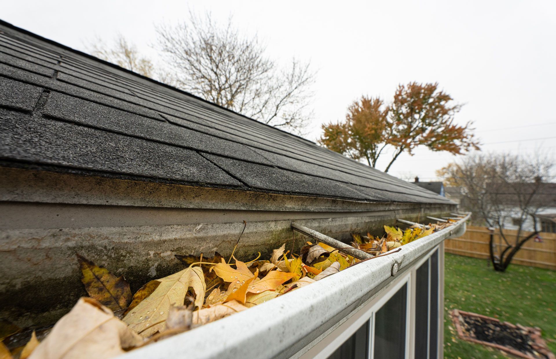 A gutter beneath a sloped roof filled with fallen leaves, showing autumn debris buildup.