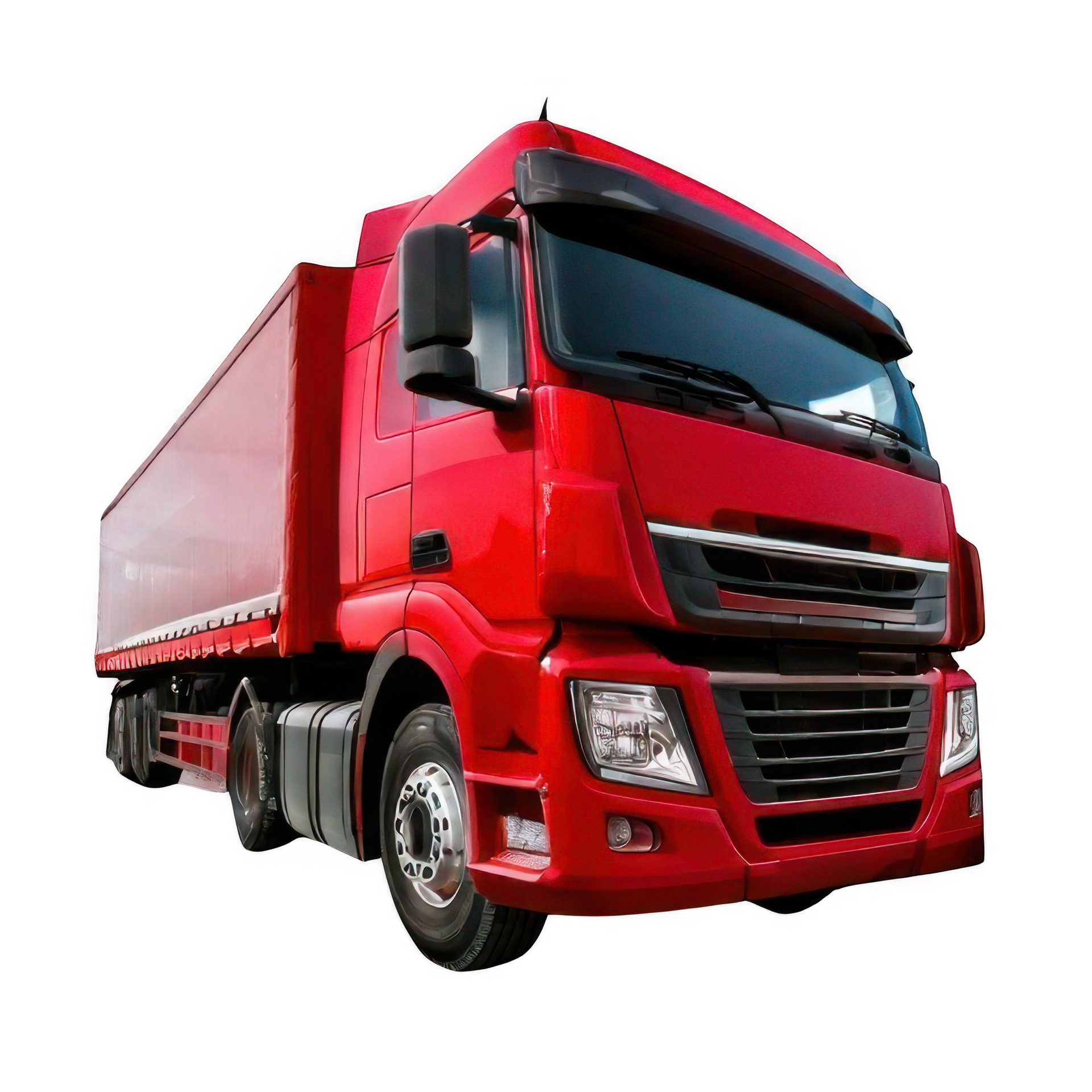 Red semi-truck with a cargo container, set against a white background.