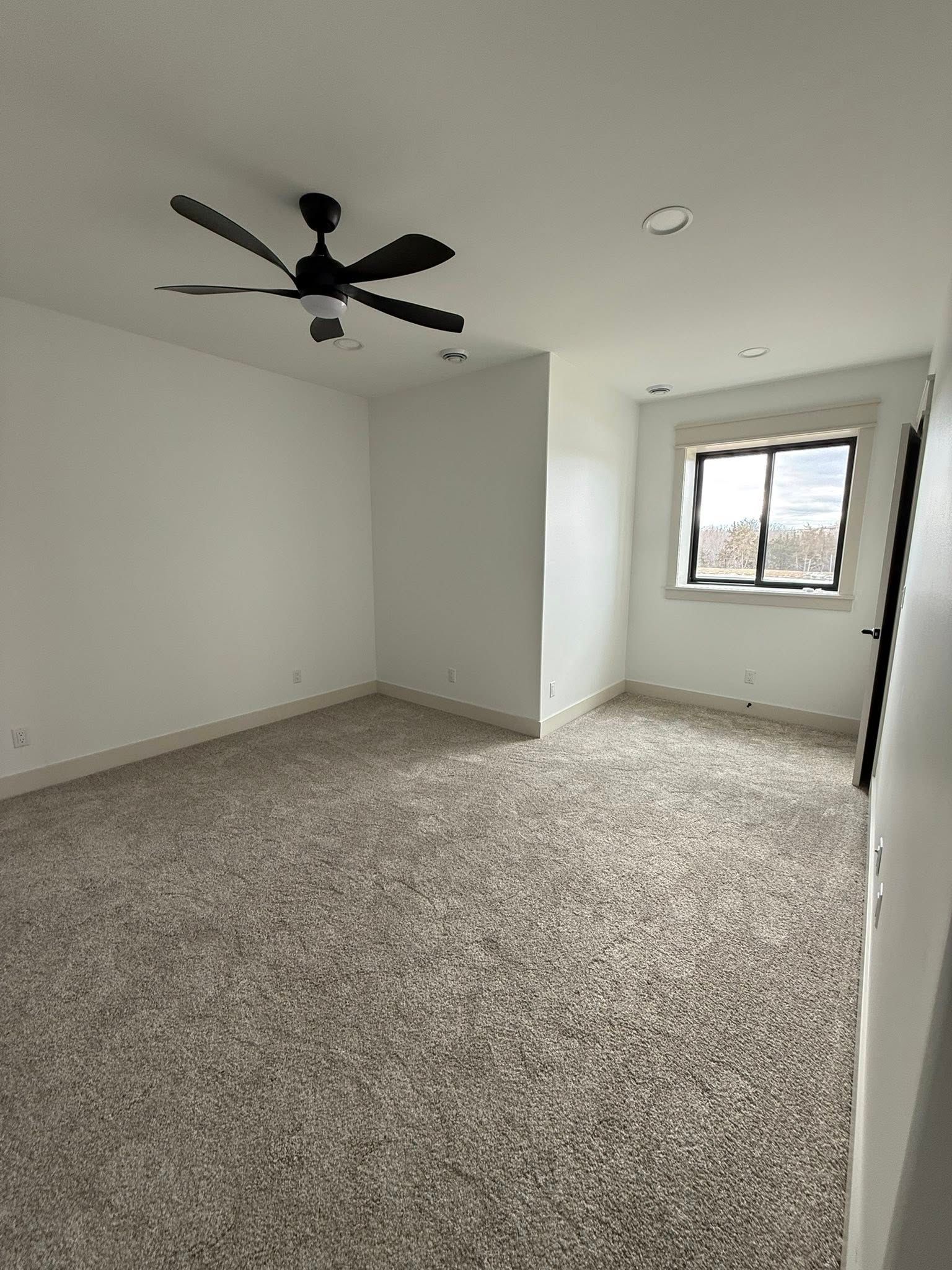 Empty room with light-colored carpet and white walls. A black ceiling fan hangs from the ceiling; a window is visible.
