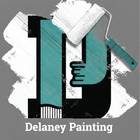 Logo: Teal "D" with black accents, paint roller applying white paint; "Delaney Painting" below.