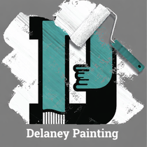 Logo: Teal "D" with black accents, paint roller applying white paint; "Delaney Painting" below.