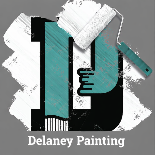 Logo: Teal "D" with black accents, paint roller applying white paint; "Delaney Painting" below.
