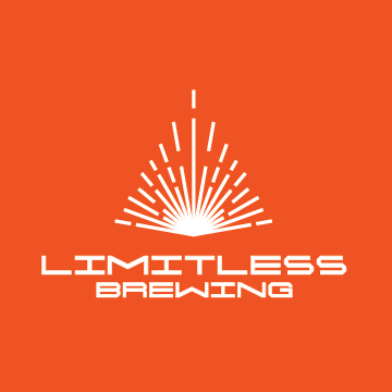 Limitless Brewing logo on orange background with white sunburst and text