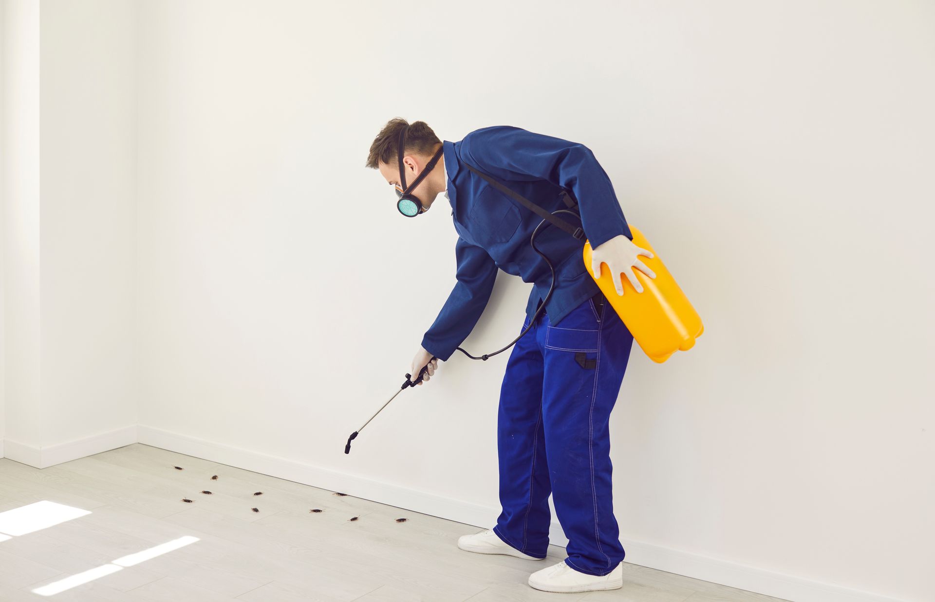 Man worker wearing work clothes from the pest control service sprays insecticide or pesticide to era