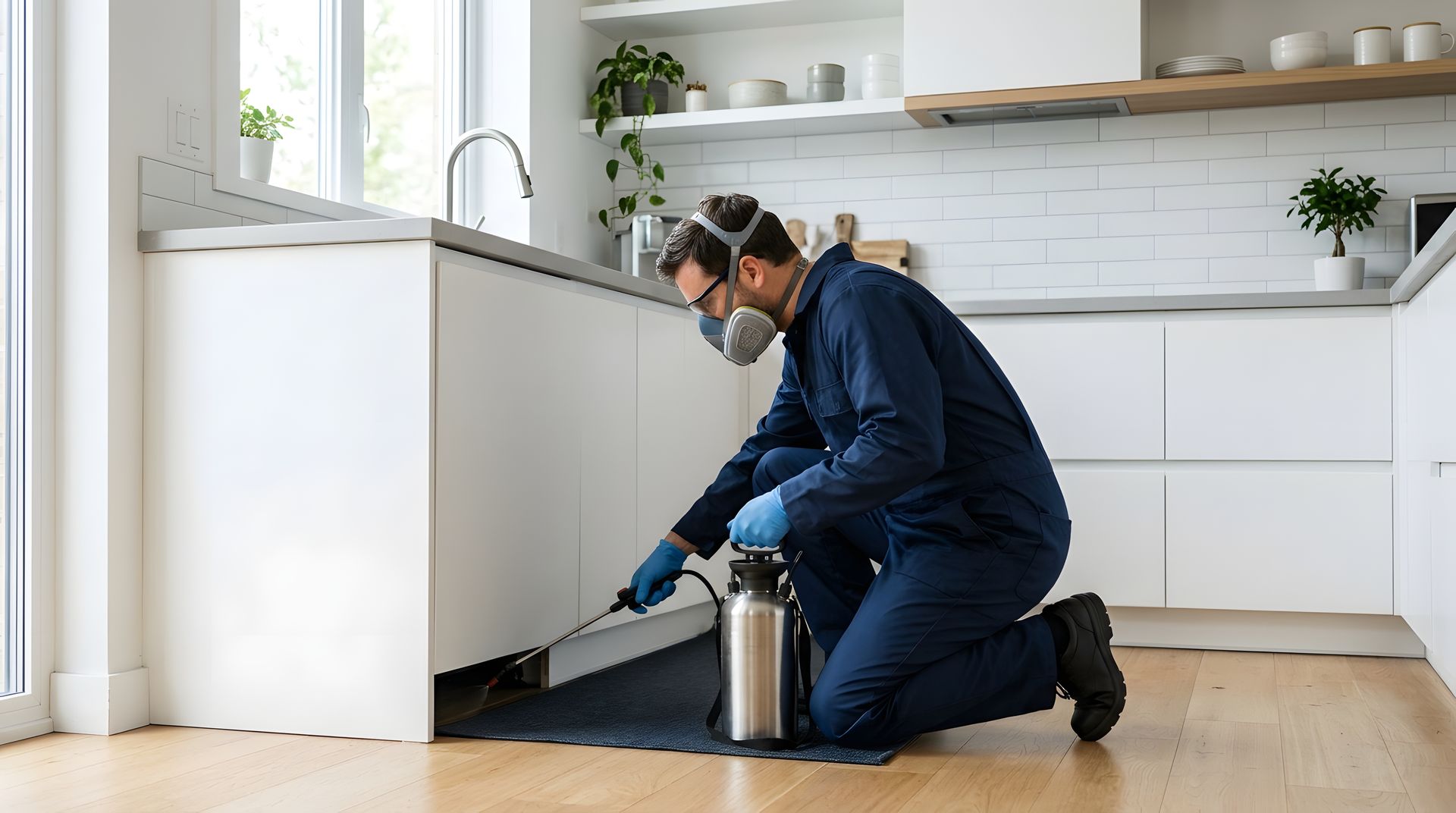 Technician in a respirator applying a pest removal service treatment under a white kitchen cabinet.