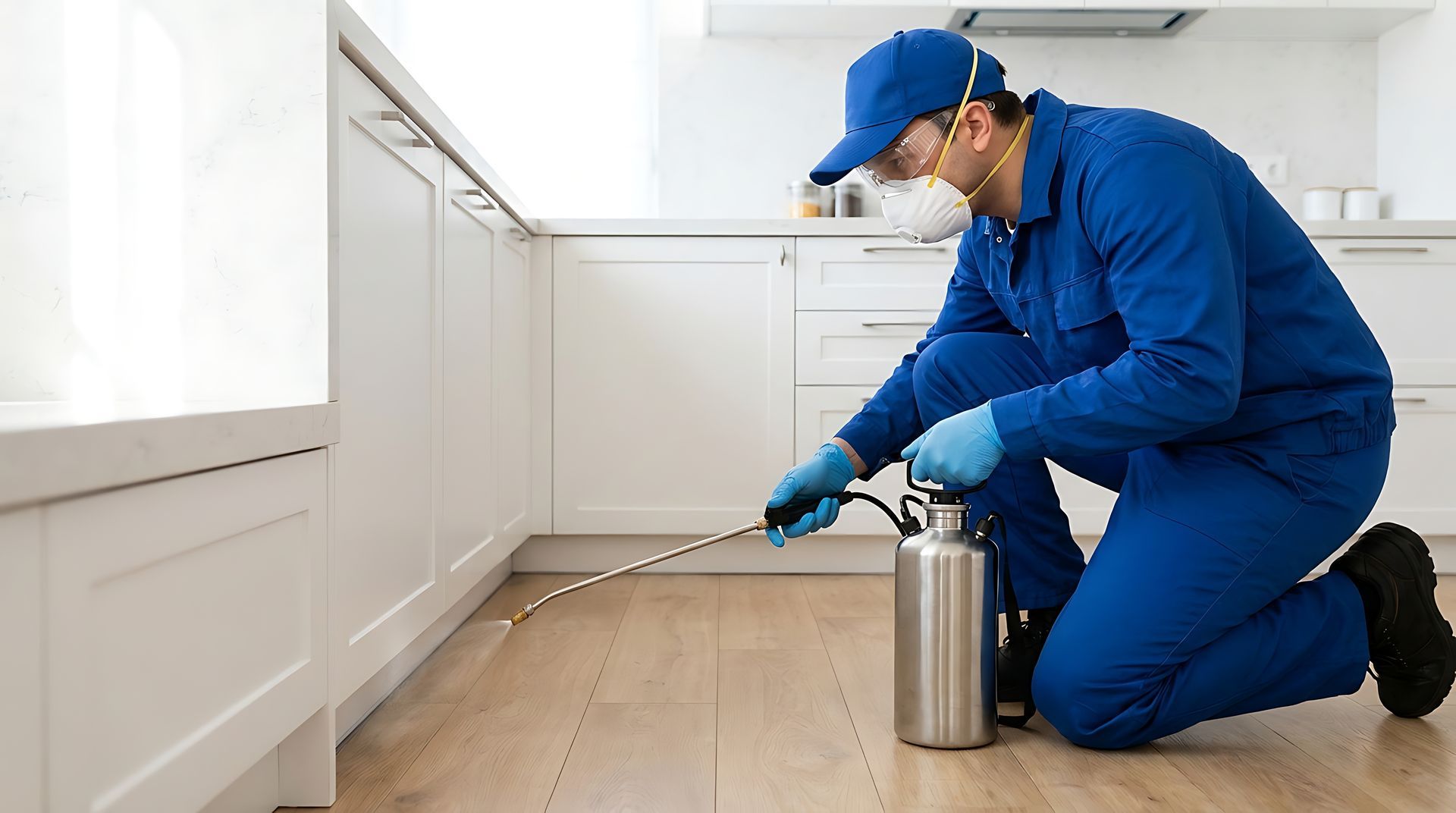 Technician in blue coveralls and mask sprays along a kitchen baseboard during pest removal service.