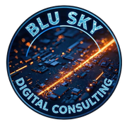 BLU SKY digital consulting logo with glowing blue circuit board and orange light streaks