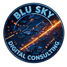 BLU SKY digital consulting logo with glowing blue circuit board and orange light streaks