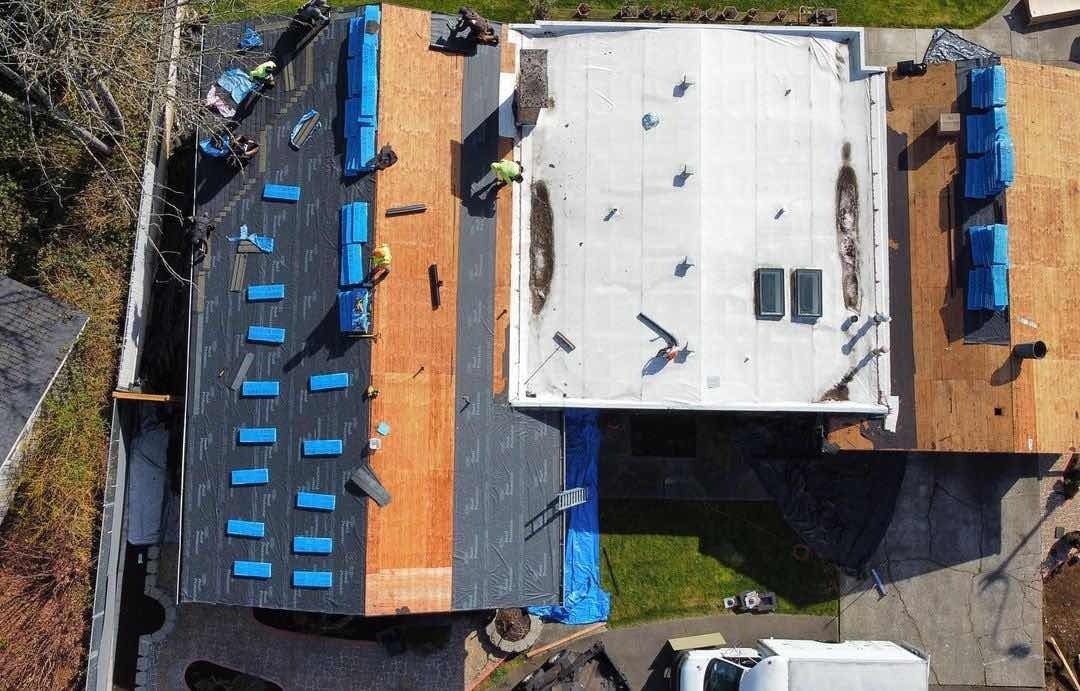 Roof installation progress.