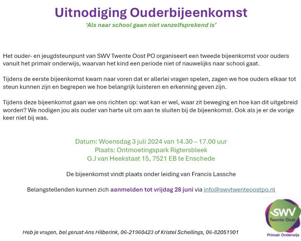Uitnodiging tweede ouderbijeenkomst SWV Twente Oost PO