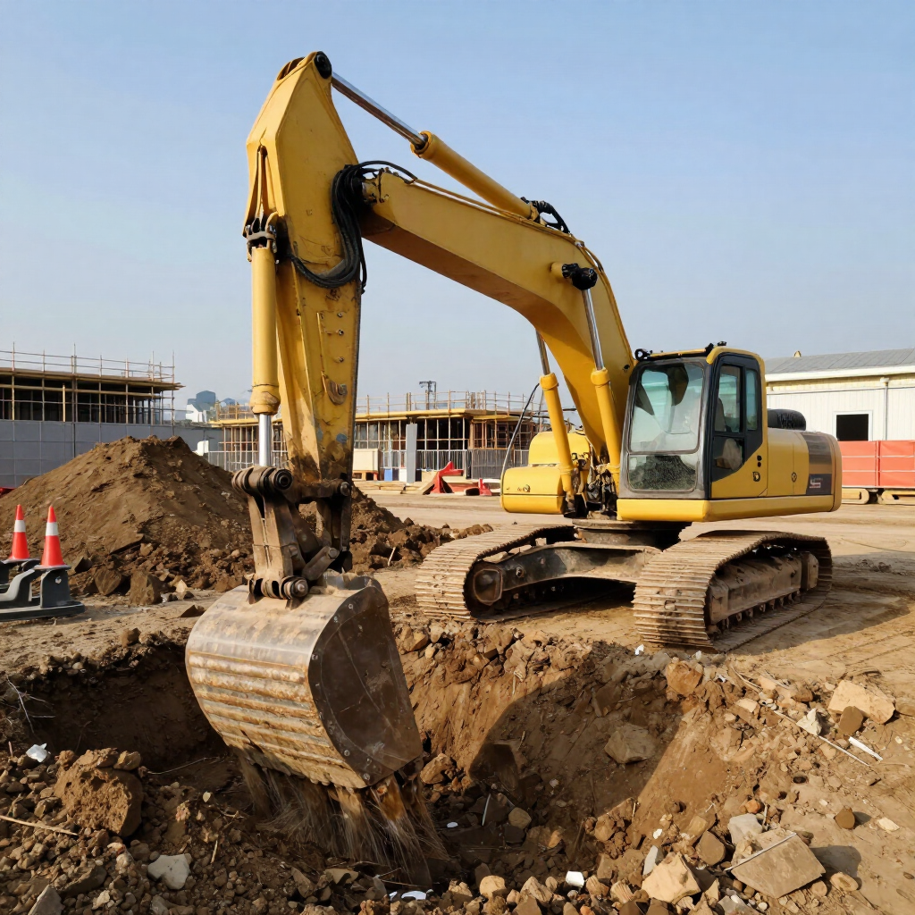Yellow excavator digging dirt at a construction site with a mound of soil and unfinished buildings nearby