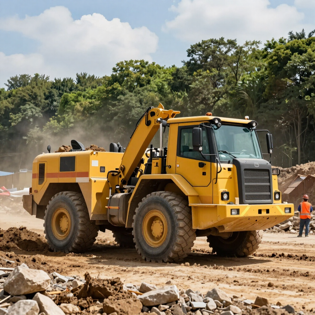 Yellow construction dump truck on a dirt site with rocks, workers in the background, and trees behind.