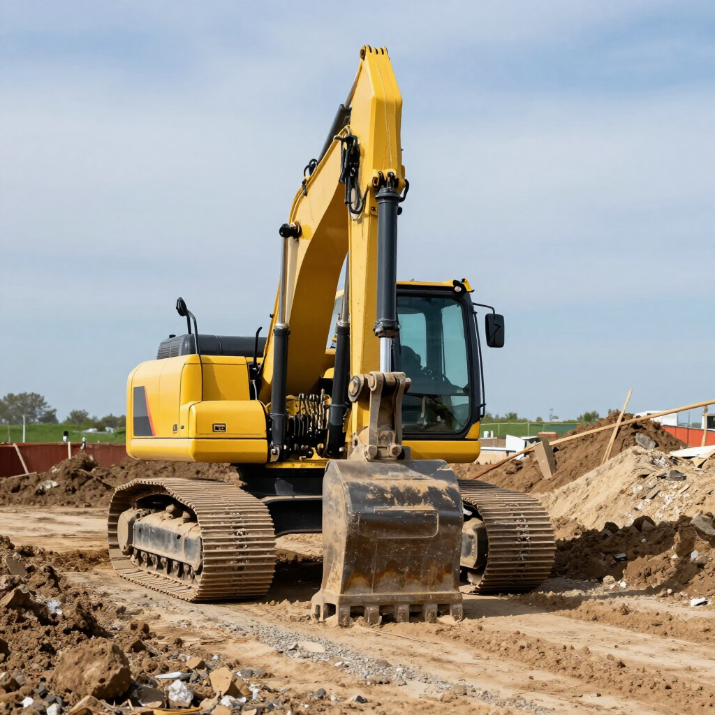 Yellow excavator on a dirt construction site under a clear sky