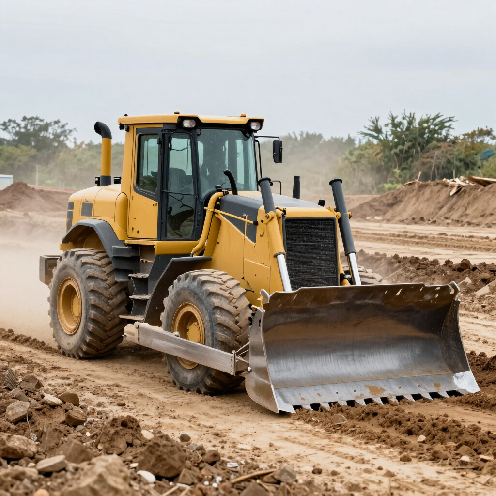 Yellow bulldozer driving on a dusty construction site, pushing dirt with its front blade