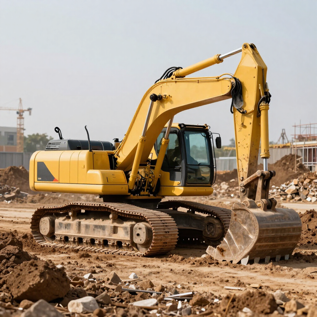 Yellow excavator on tracks at a muddy construction site with its bucket raised