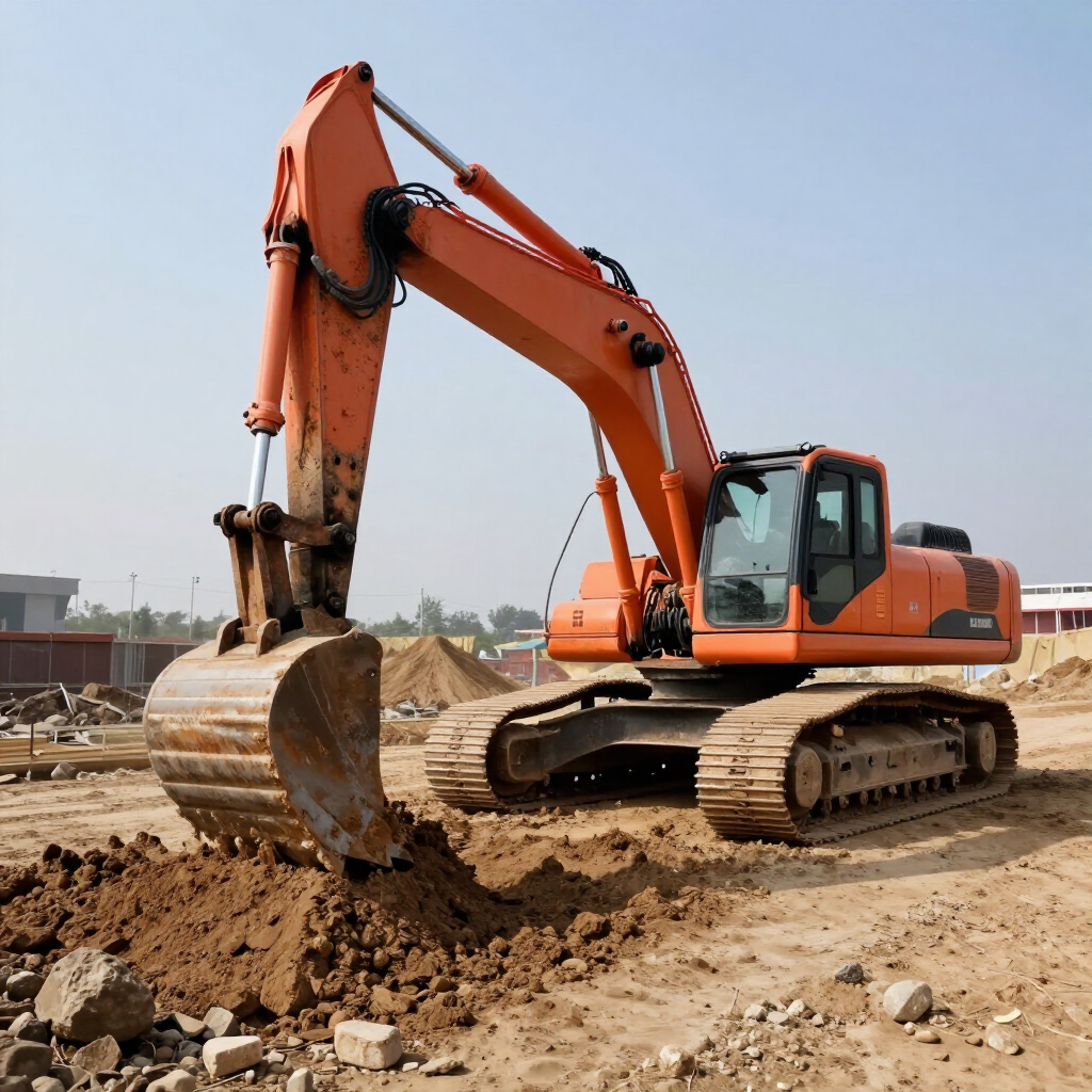 Orange excavator digging dirt at a construction site on a clear day