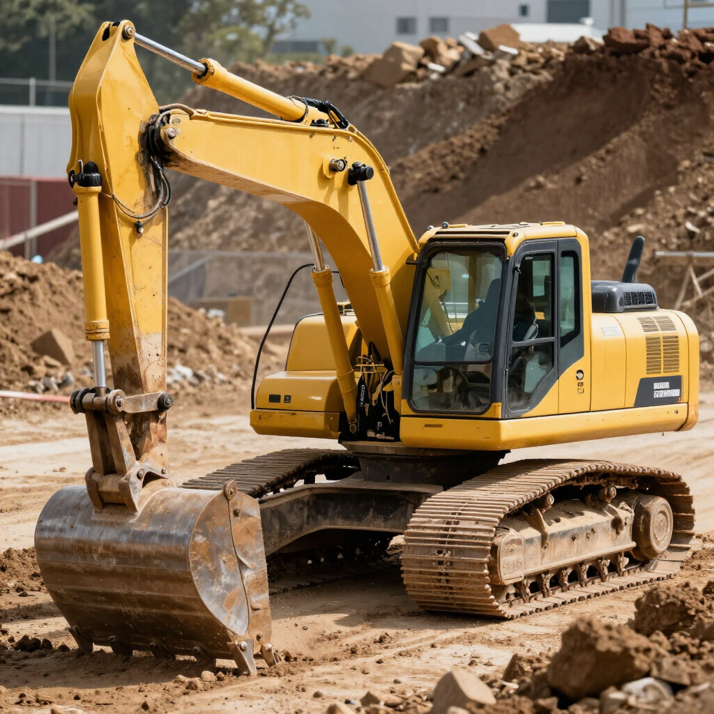 Yellow excavator on dirt at a construction site with a raised bucket