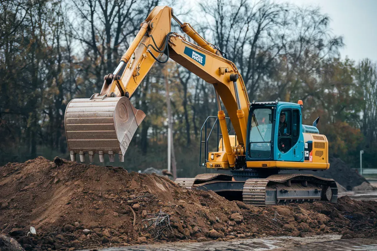 Yellow excavator loading dirt at a construction site with trees in the background