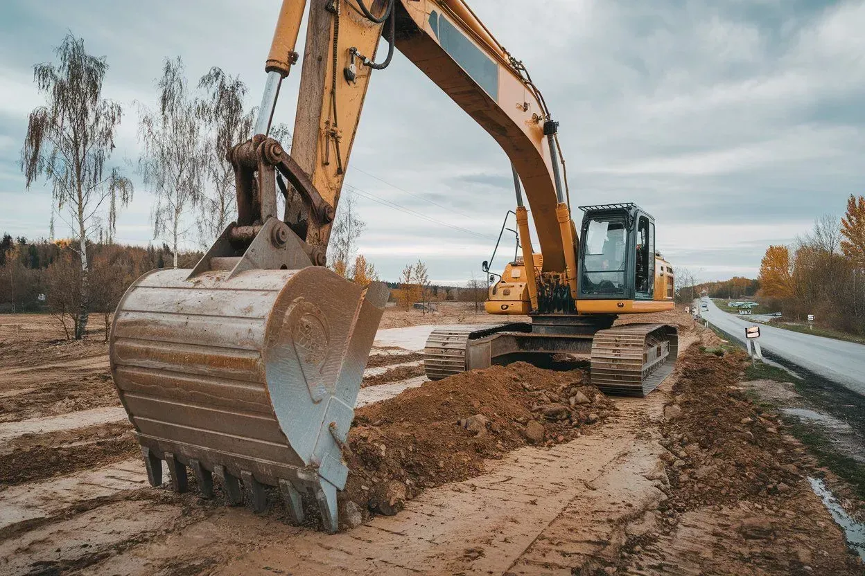Excavator digging a muddy roadside ditch beside a paved road under cloudy skies